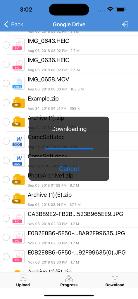 Interface showing a file download from Google Drive within the iZip app