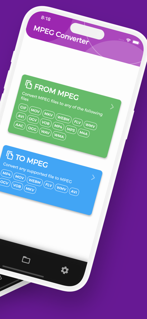 Main screen of MPEG Converter app showing options to convert from and to MPEG with various supported formats