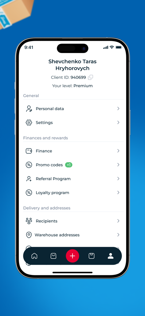 User profile screen of the Meest China app showing account settings finance options and warehouse addresses