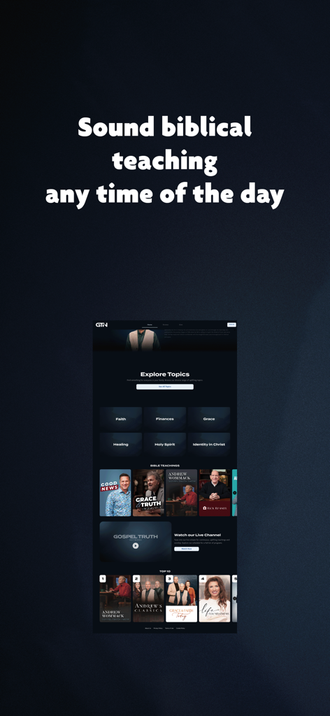Gospel Truth Network - Interface of the Gospel Truth Network app showcasing biblical teaching topics like faith grace and healing