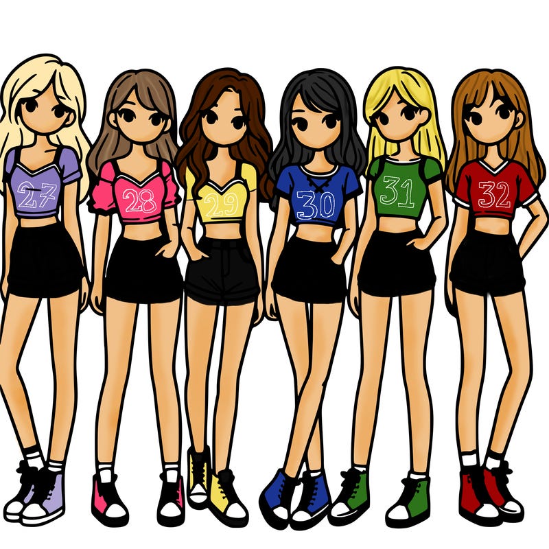 a group of girls wearing crop tops and shorts