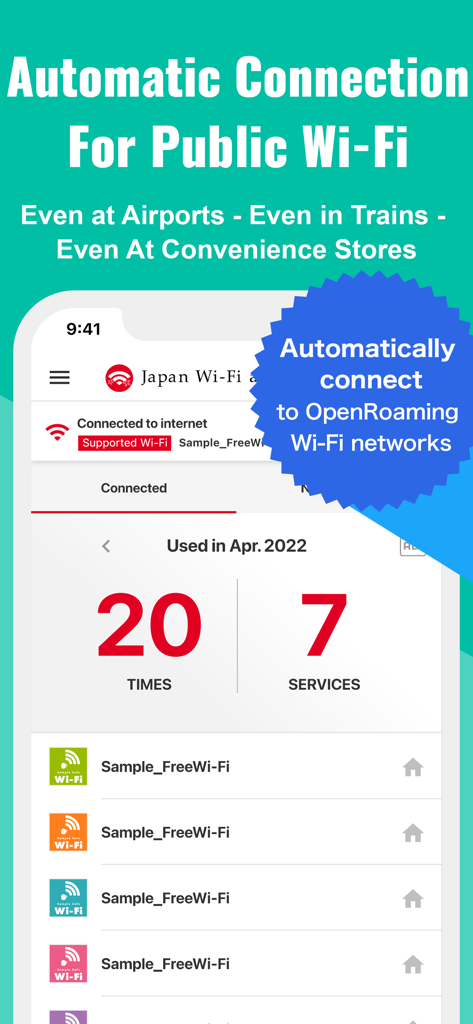 Japan Wi-Fi auto-connect - Interfaz de la aplicación Japan Wi-Fi auto-connect que muestra funciones de conexión automática a Wi-Fi público