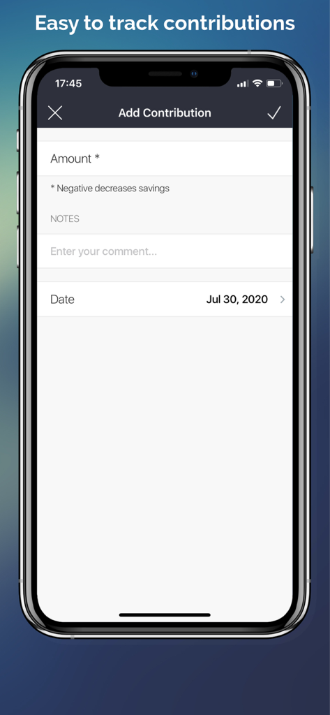 Interface for adding a savings contribution in the Money Goals app