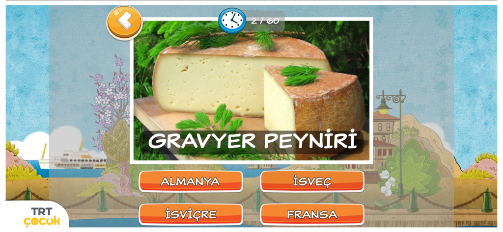 TRT Rüzgar Gülü - TRT Ruzgar Gulu app screen showing a trivia question about Gruyere cheese origin with multiple choice options.