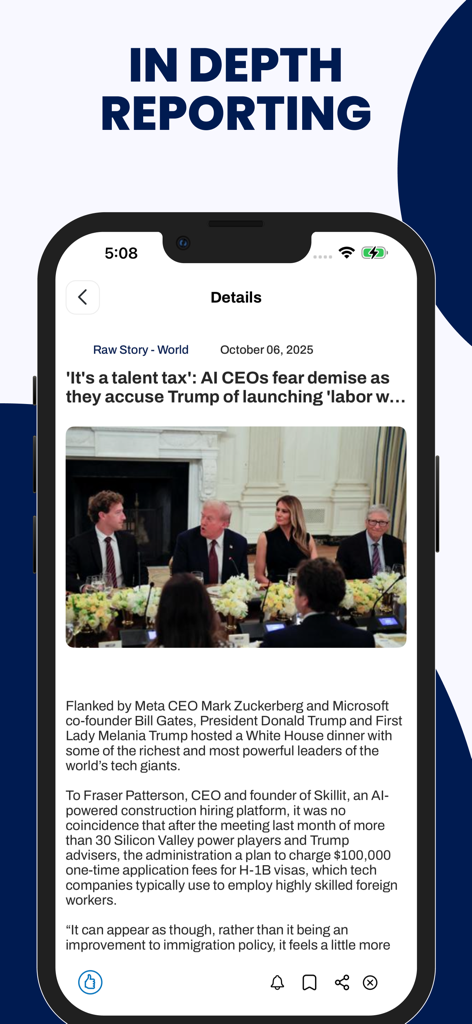 A news app interface displaying a detailed political report with an image of Donald Trump and tech CEOs at a White House dinner.