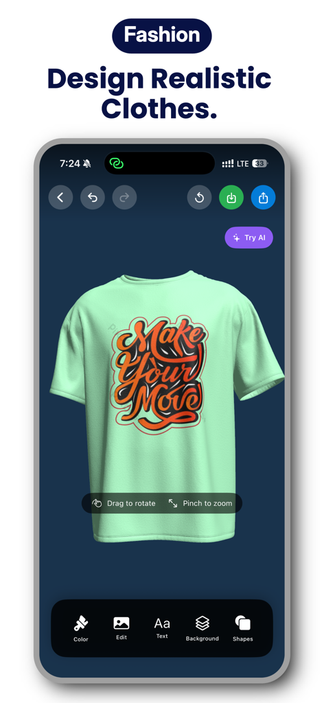 Fashion Design Studio-3DMockup - Un mockup realista de camiseta 3D con un gráfico personalizado en la interfaz de la aplicación Fashion Design Studio