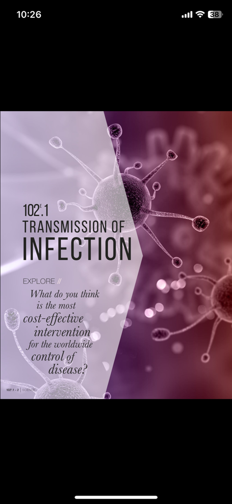 Pivot Point Reader - Una página de libro de texto digital titulada Transmisión de Infección en la aplicación Pivot Point Reader mostrando ilustraciones de virus.