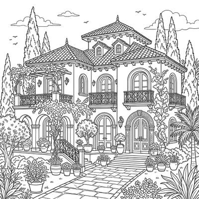 Step into the charm of the Mediterranean with this exquisite mansion coloring page. Featuring elegant architecture and lush landscaping, it promises hours of relaxing creative fun.