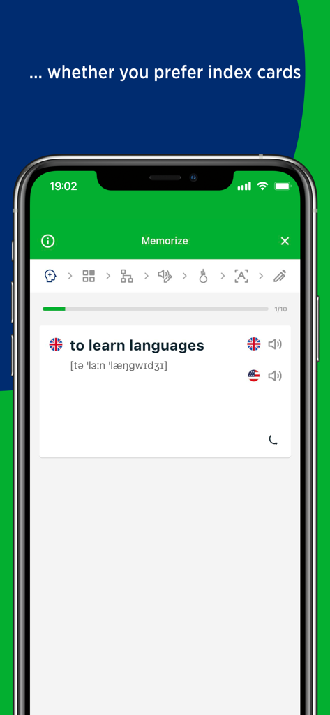 PONS Vokabeltrainer-App Anzeige einer digitalen Sprachlernkarteikarte.