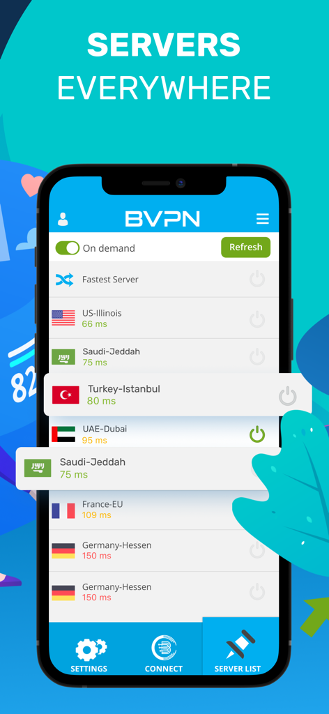 B VPN app interface showing a list of global server locations and connection speeds.