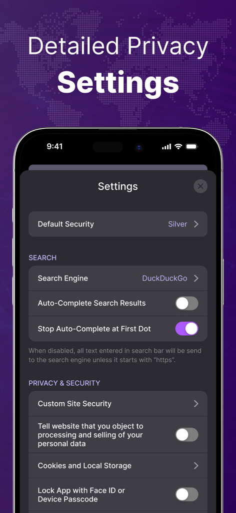 Interface showing detailed privacy and security settings for the TOR Browser app including DuckDuckGo search integration