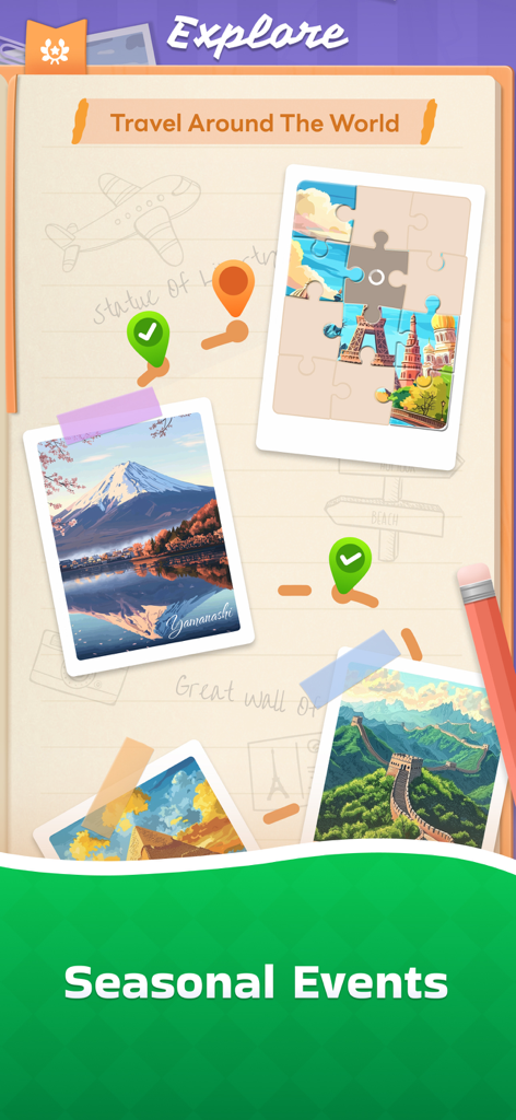 Sudoku Now! - Una pantalla de eventos de temporada temática de viajes en la aplicación Sudoku Ahora que muestra puntos de referencia mundiales como el Monte Fuji y la Gran Muralla China como parte de un desafío de puzzle