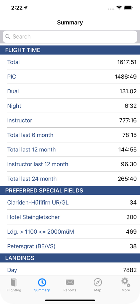 ROTAIR FlightLog - Summary view of the ROTAIR FlightLog app showing flight time statistics and total landings.