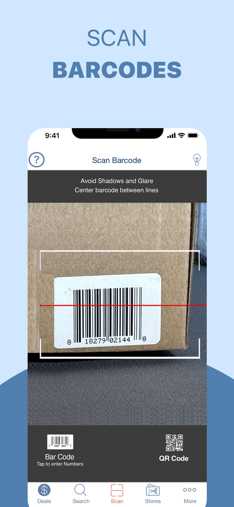 Interfaccia di scansione dell'app BuyVia utilizzata per scansionare codici a barre dei prodotti per trovare i prezzi migliori.
