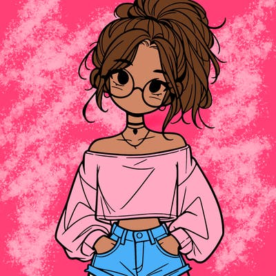 girl with a messy ponytail glasses a baggy crop top and jean shorts