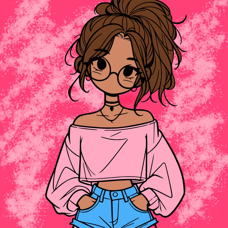 girl with a messy ponytail glasses a baggy crop top and jean shorts