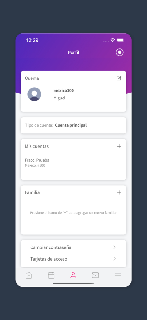 FracX Net - Schermata del profilo dell'app FracX Net che mostra i dettagli dell'account, la gestione dei membri della famiglia e le impostazioni della tessera di accesso.