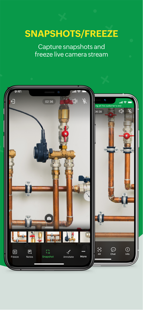Zoho Lens - Zoho Lensモバイルインターフェース、産業用パイプでのリモートテクニカルサポートのためのスナップショットとライブカメラストリームフリーズ機能を表示