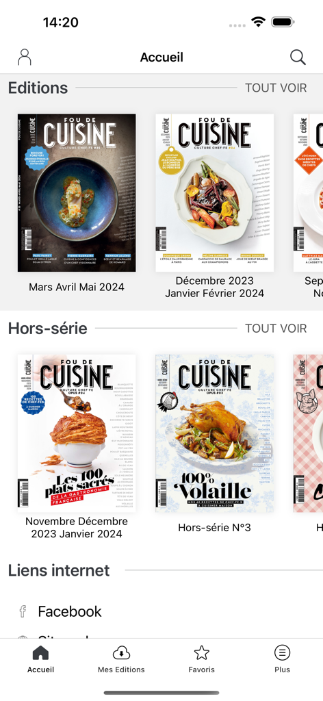 Home screen of the Fou de Cuisine app displaying various digital magazine editions.