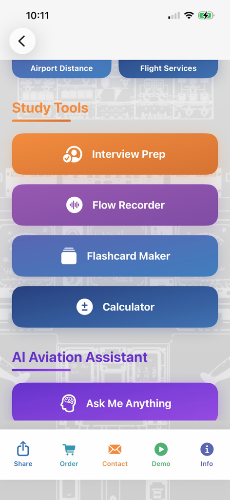 iEMBRAER Type Rating Prep - Main menu of the iEMBRAER app featuring study tools like interview prep and an AI aviation assistant