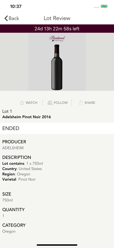 Detailed view of a Pinot Noir wine lot in the Brentwood Wine auction app