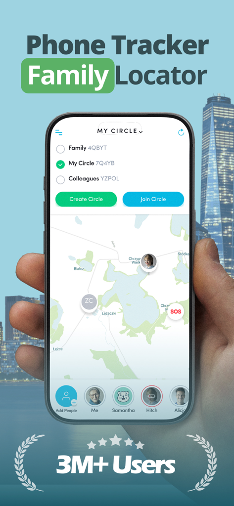 Family Friend Locator: Carpin - Smartphone screen showing Carpin family locator app with location tracking map and family circles