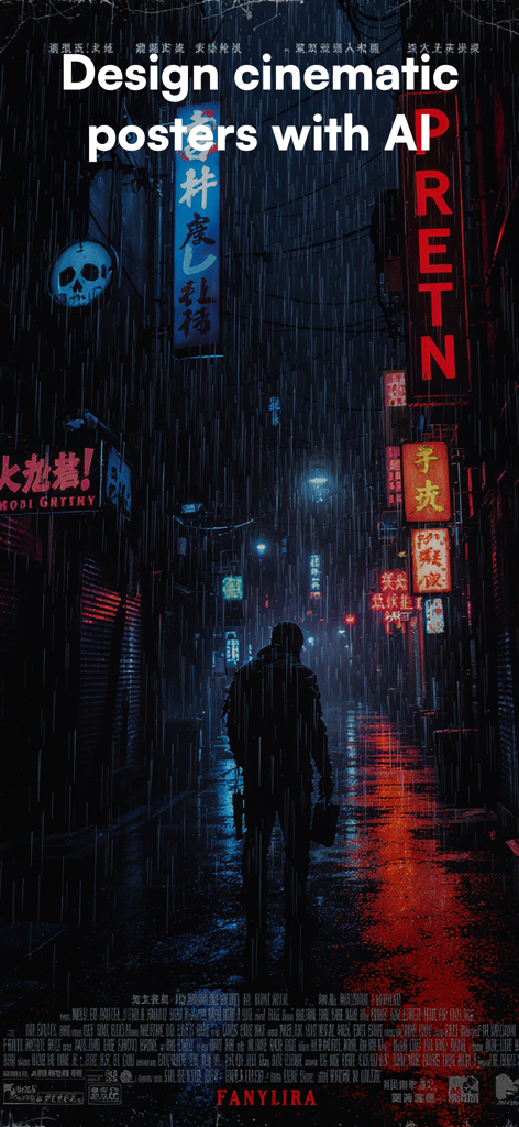Posta - AI Poster Designer - A cinematic movie poster with a cyberpunk style generated by AI showing a person in a rainy neon-lit alley