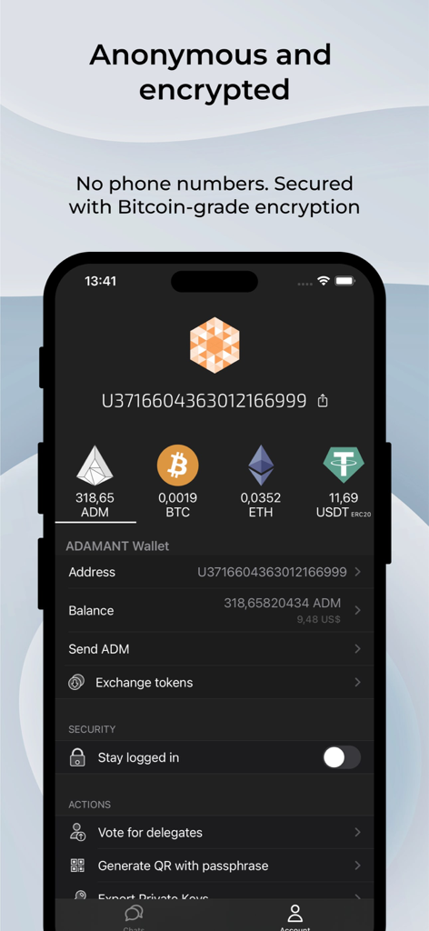 ADAMANT Messenger - ADAMANT Messenger app screen showing an anonymous profile with a multi-currency crypto wallet and security settings.