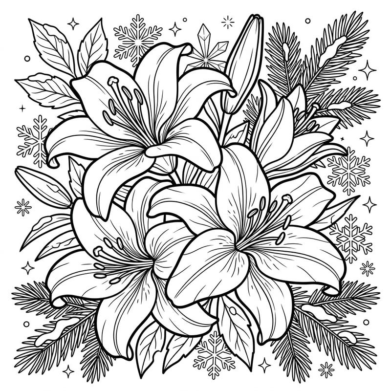 Discover the serene beauty of Casablanca Lilies blooming amidst a delicate winter wonderland in this exquisite coloring page. This design offers a captivating blend of floral elegance and frosty charm, perfect for a relaxing creative escape.