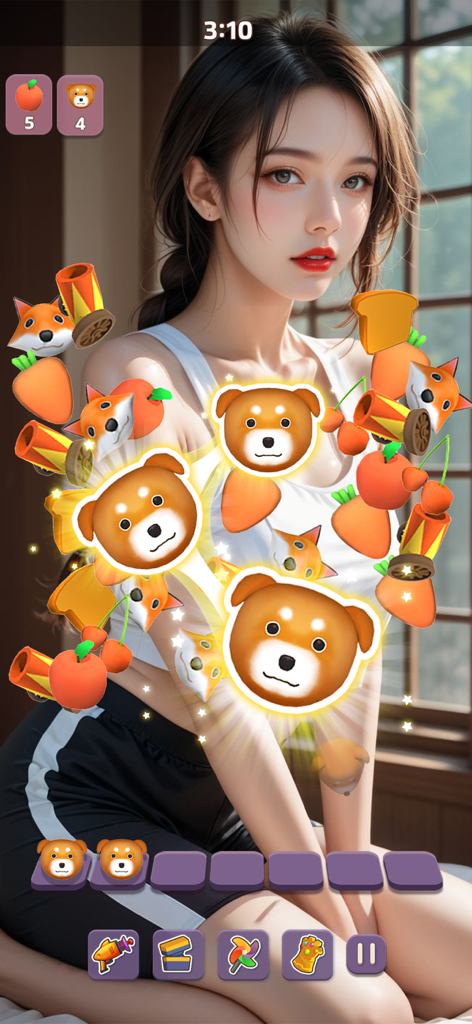 Jugabilidad de rompecabezas triple match 3D en Date Match 3D con íconos de cachorros sobre un fondo de personaje romántico