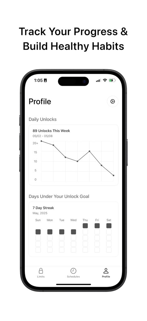 A smartphone showing the No Scroll app profile screen with a graph of daily unlocks and a seven day streak tracker to build healthy digital habits.