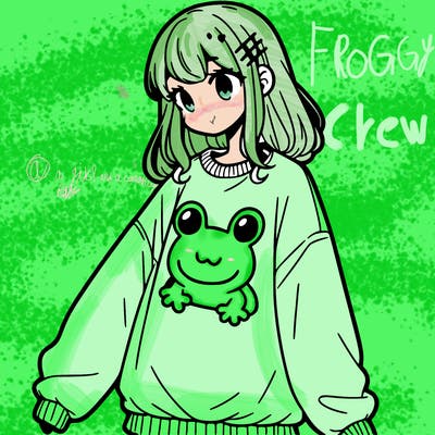 girl wearing frogging sweatshirt