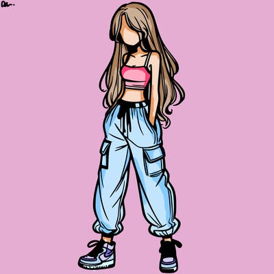 girl in baggy pants crop top and long hair