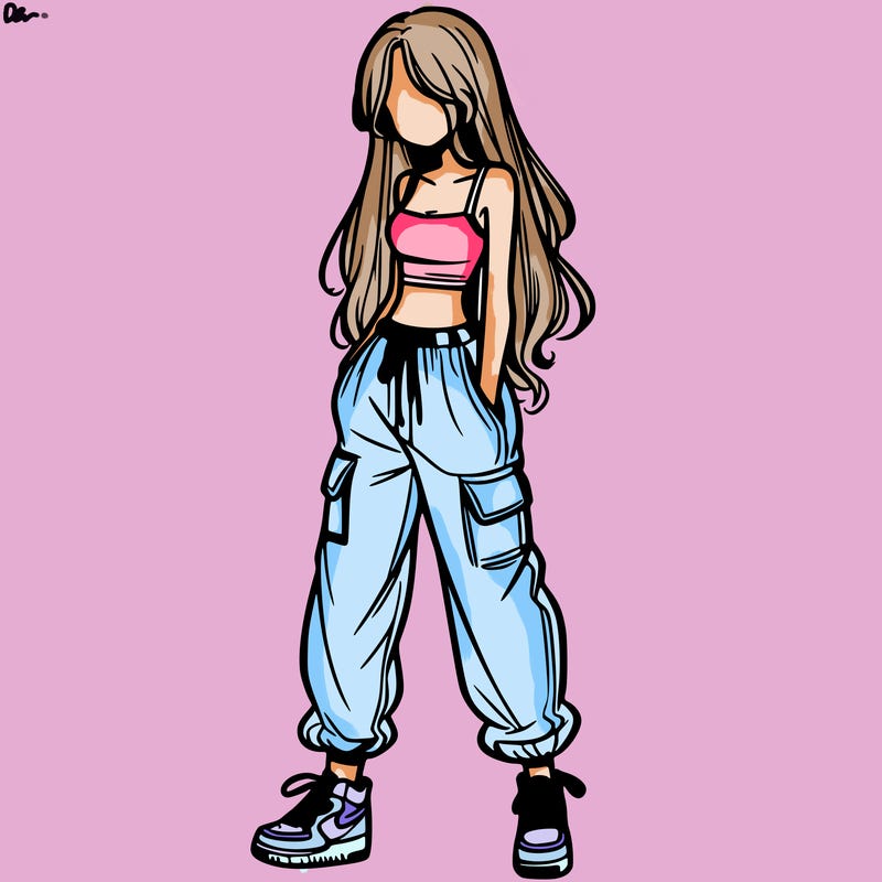girl in baggy pants crop top and long hair