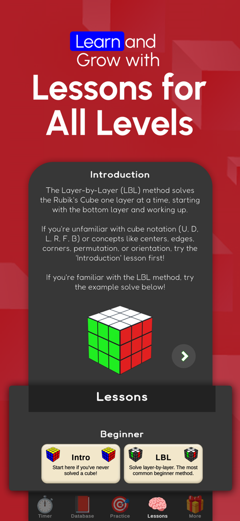 A screenshot of the CubeHub app showing beginner lessons for the Layer-by-Layer solving method with a 3D cube illustration.