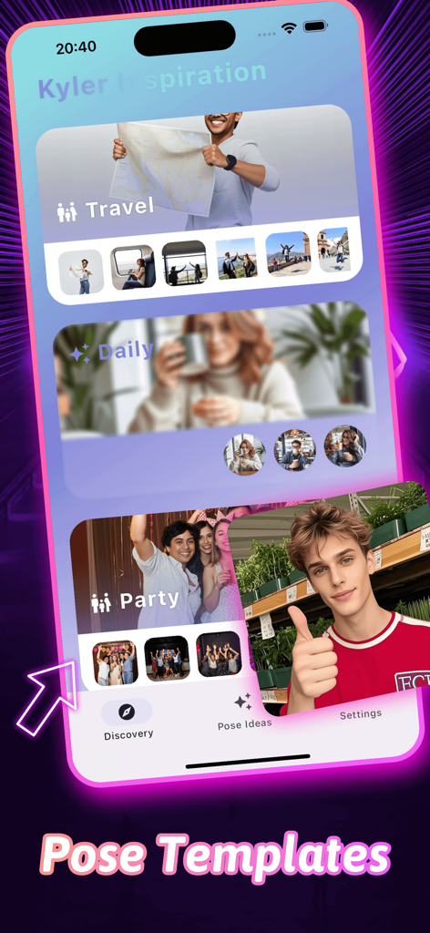 Kyler app interface showing photo pose categories for travel, daily life, and parties