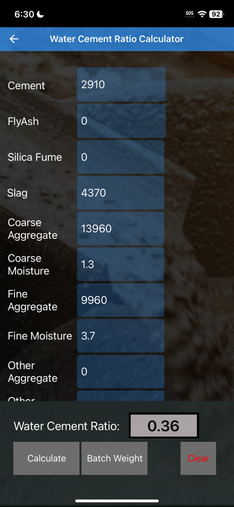 Water Cement Ratio And More - A screenshot of the Water Cement Ratio Calculator interface showing input fields for cement and aggregate weights with a calculated result