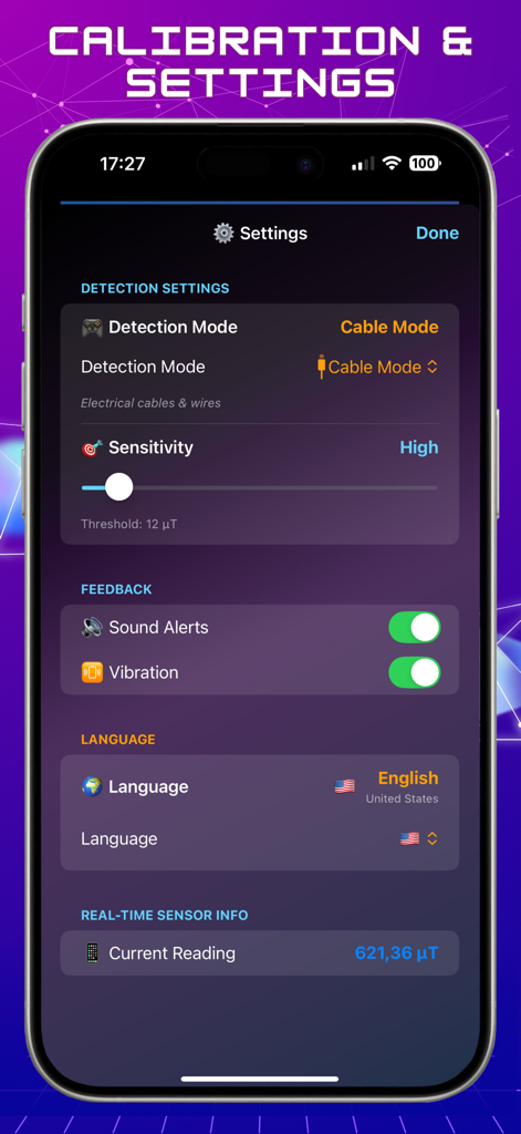 Settings screen of the Metal Detector app showing cable mode selection and sensitivity calibration