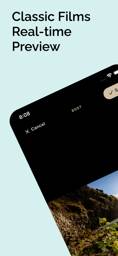 Film Camera - 底片風格相機 - Interfaz de la aplicación mostrando la vista previa en tiempo real de la película CineStill 800T