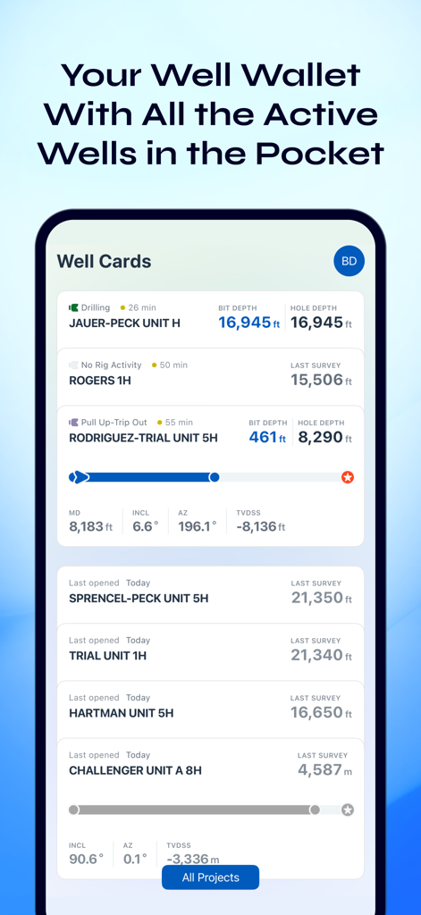 StarLite Mobile - StarLite Mobile app dashboard showing active well cards with real-time drilling and depth data