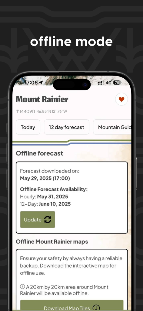 Mountain-Forecast.com - Interfaccia dell'app Mountain-Forecast che mostra le opzioni di download di previsioni e mappe offline per il Monte Rainier su uno smartphone