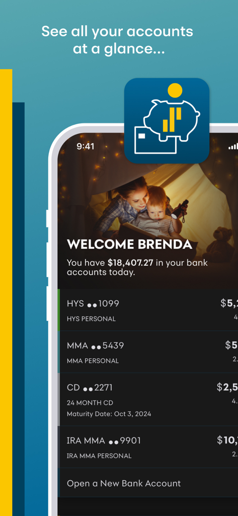Synchrony Bank - Das Dashboard der Synchrony Bank Mobile App zeigt verschiedene Kontostände, einschließlich Hochzinssparkonten und CDs.