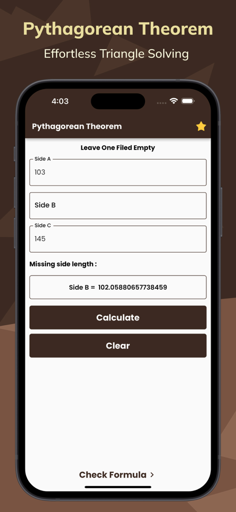 Pythagorean Theorem Calculate - Satz des Pythagoras Rechner App zeigt eine Berechnung der Seitenlänge eines Dreiecks auf einem iPhone