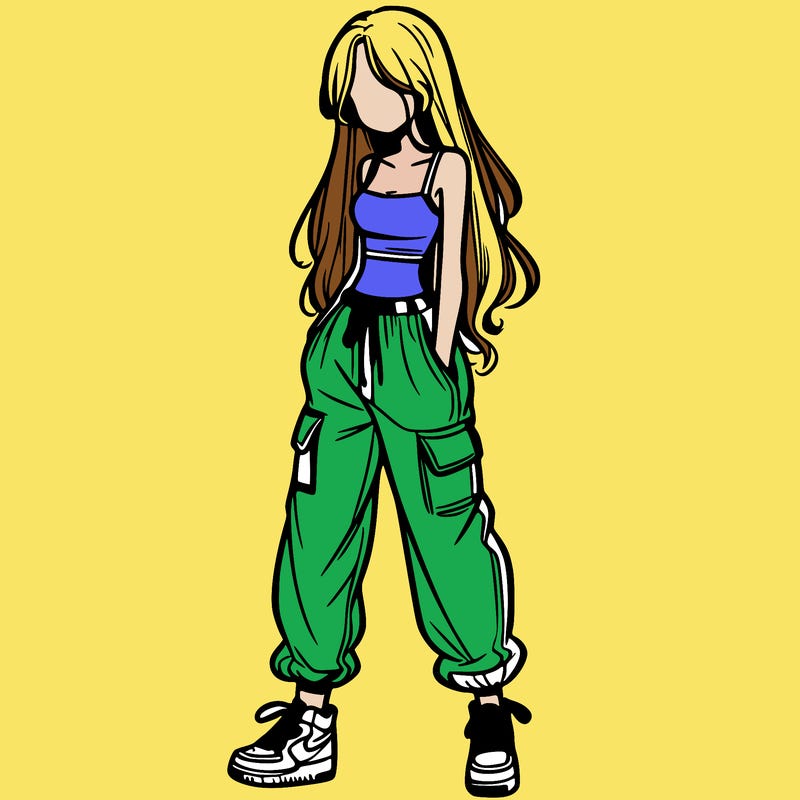 girl in baggy pants crop top and long hair