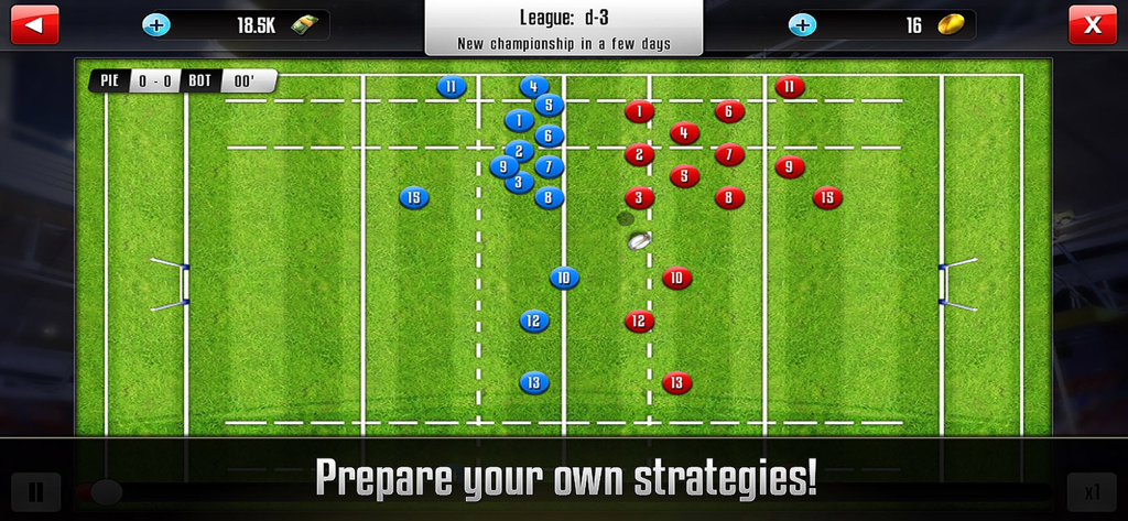 Rugby Manager : Be a manager - Tactical view of a rugby field with blue and red player markers for custom game strategies