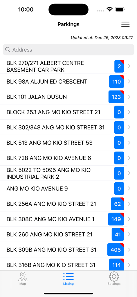 A list view showing real-time parking lot availability for various HDB blocks and centers in Singapore.