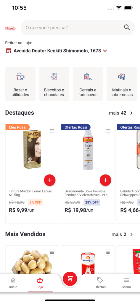 Rossi Delivery - Supermercado - Interface of the Rossi Delivery supermarket app showing grocery categories highlights and discounted products
