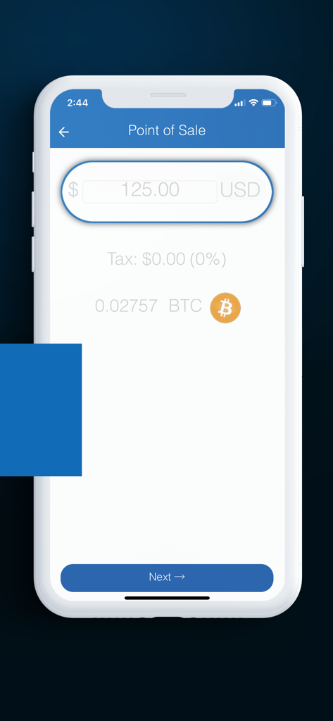 CoinPayments - Crypto Wallet - CoinPayments mobile app screen displaying the point of sale feature with a USD to Bitcoin payment conversion