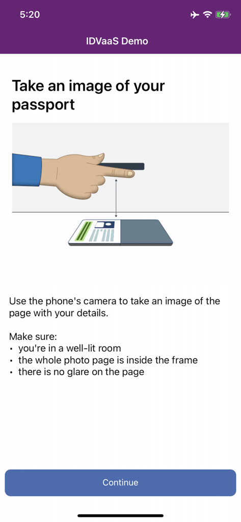 IDVaaS - IDVaaS app screen showing instructions and an illustration on how to take a photo of a passport page