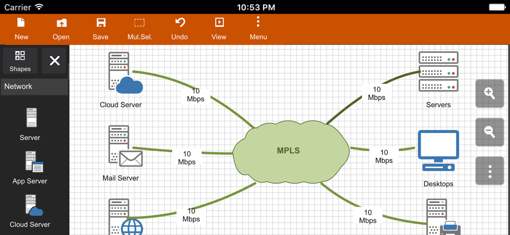 Una interfaz de diagrama de red en la aplicación Flowdia que muestra servidores interconectados y una nube MPLS